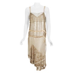 Vintage 1920's French Couture Metallic Gold Embroidered Lamé Draped Dress