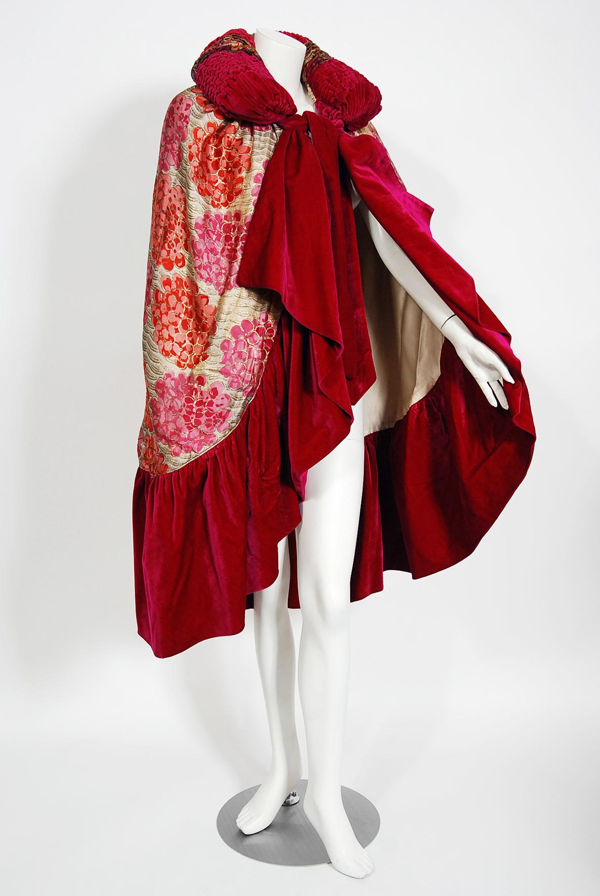 Red Vintage 1920's French Metallic Floral Print Lamé & Magenta Silk-Velvet Deco Cape