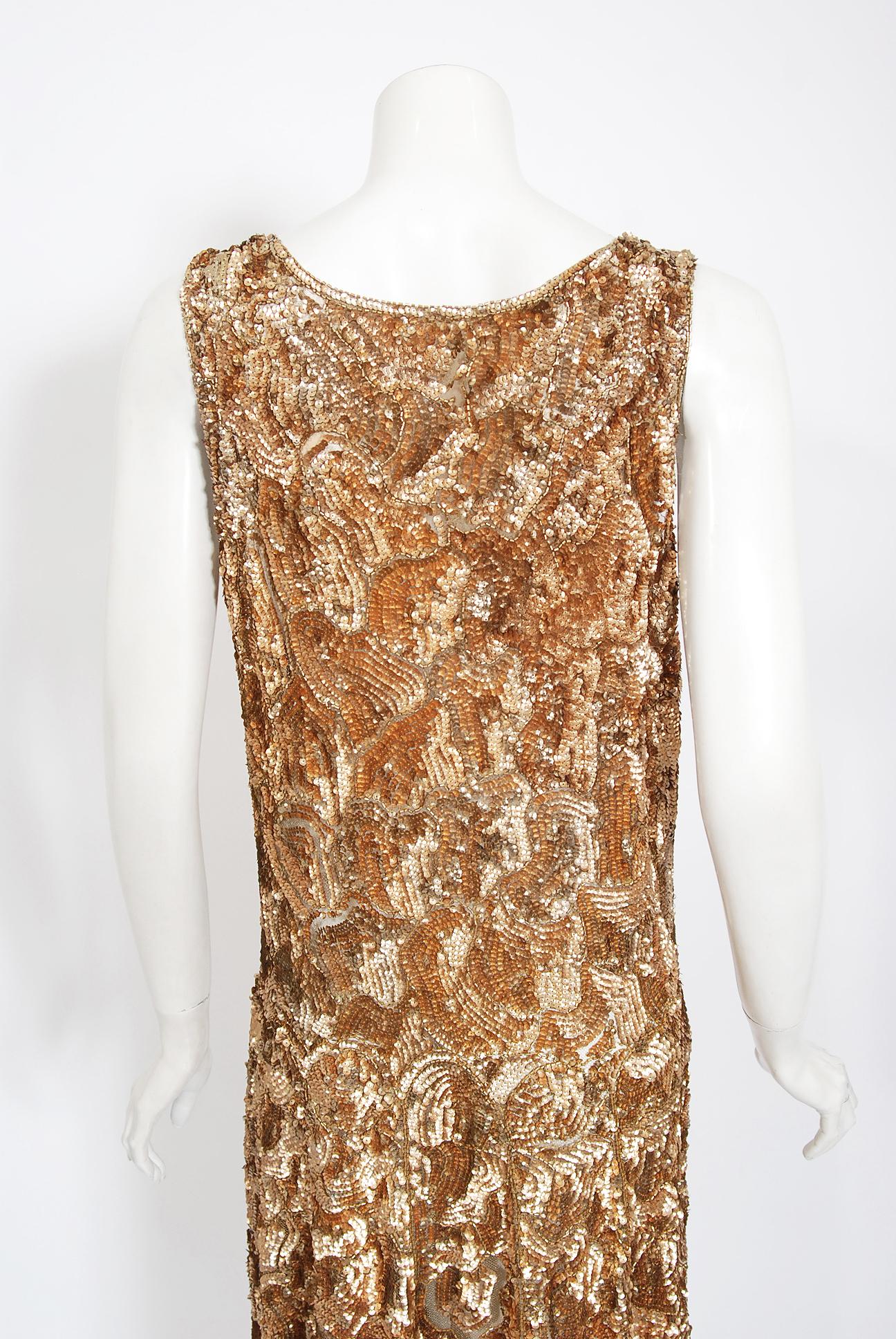 Vintage 1920's French Metallic Gold Beaded Sequin Cotton-Net Flapper Deco Dress  3