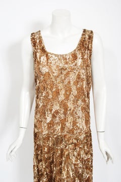 Vintage 1920's French Metallic Gold Beaded Sequin Cotton-Net Flapper Deco Dress