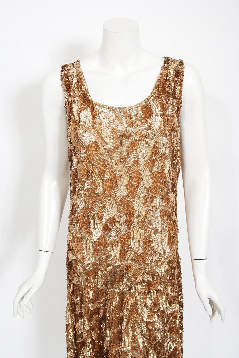 Vintage 1920's French Metallic Gold Beaded Sequin Cotton-Net Flapper ...