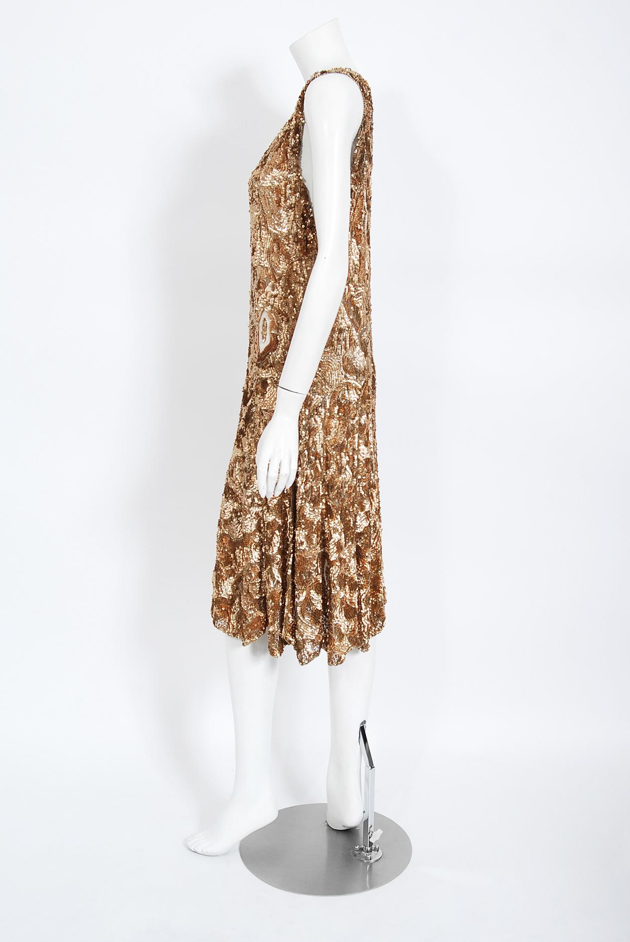 Vintage 1920's French Metallic Gold Beaded Sequin Cotton-Net Flapper Deco Dress  In Good Condition In Beverly Hills, CA