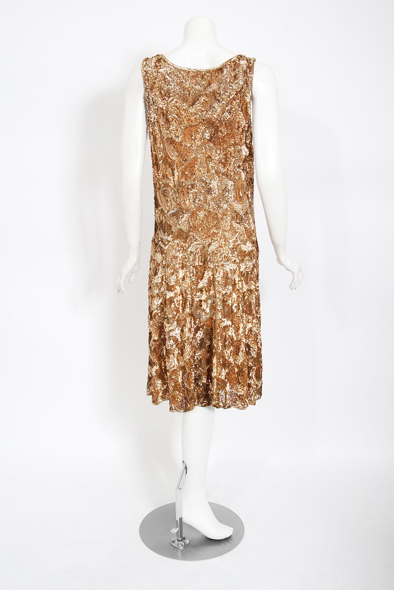 Vintage 1920's French Metallic Gold Beaded Sequin Cotton-Net Flapper Deco Dress  2