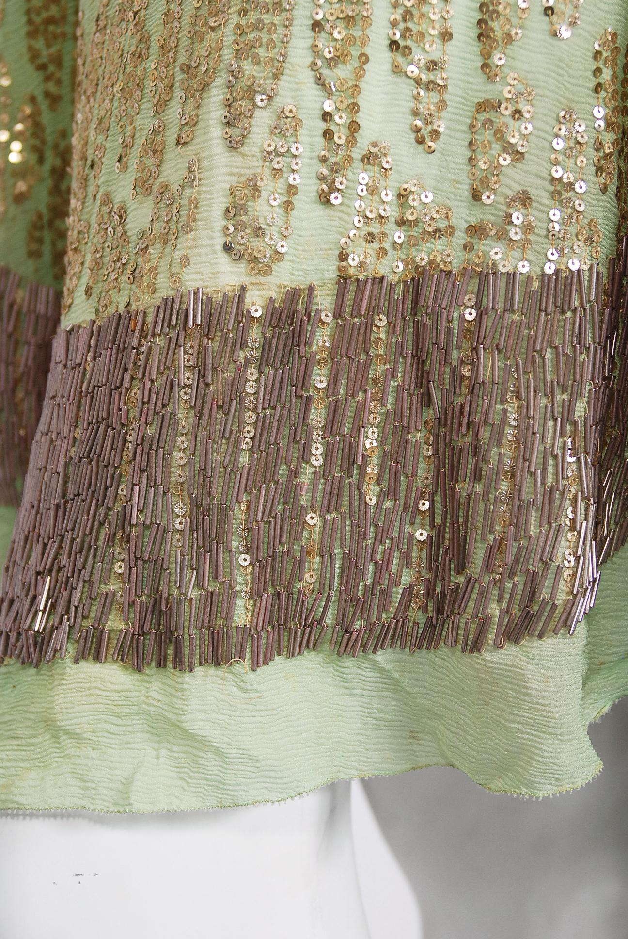 Vintage 1920's French Mint-Green Beaded Sequin Silk Chiffon Draped Flapper Dress For Sale 2