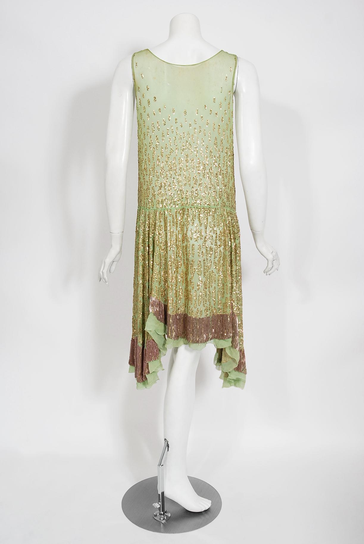 Vintage 1920's French Mint-Green Beaded Sequin Silk Chiffon Draped Flapper Dress For Sale 4