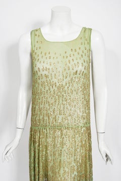 Antique 1920's French Mint-Green Beaded Sequin Silk Chiffon Draped Flapper Dress