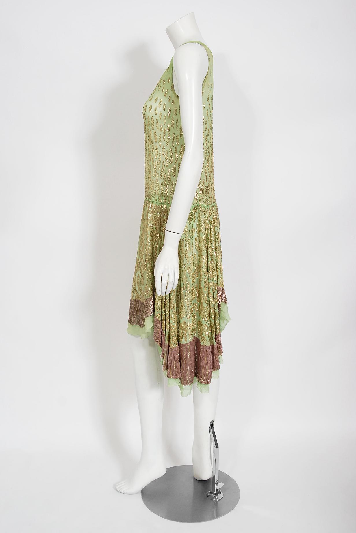 Beige Vintage 1920's French Mint-Green Beaded Sequin Silk Chiffon Draped Flapper Dress For Sale