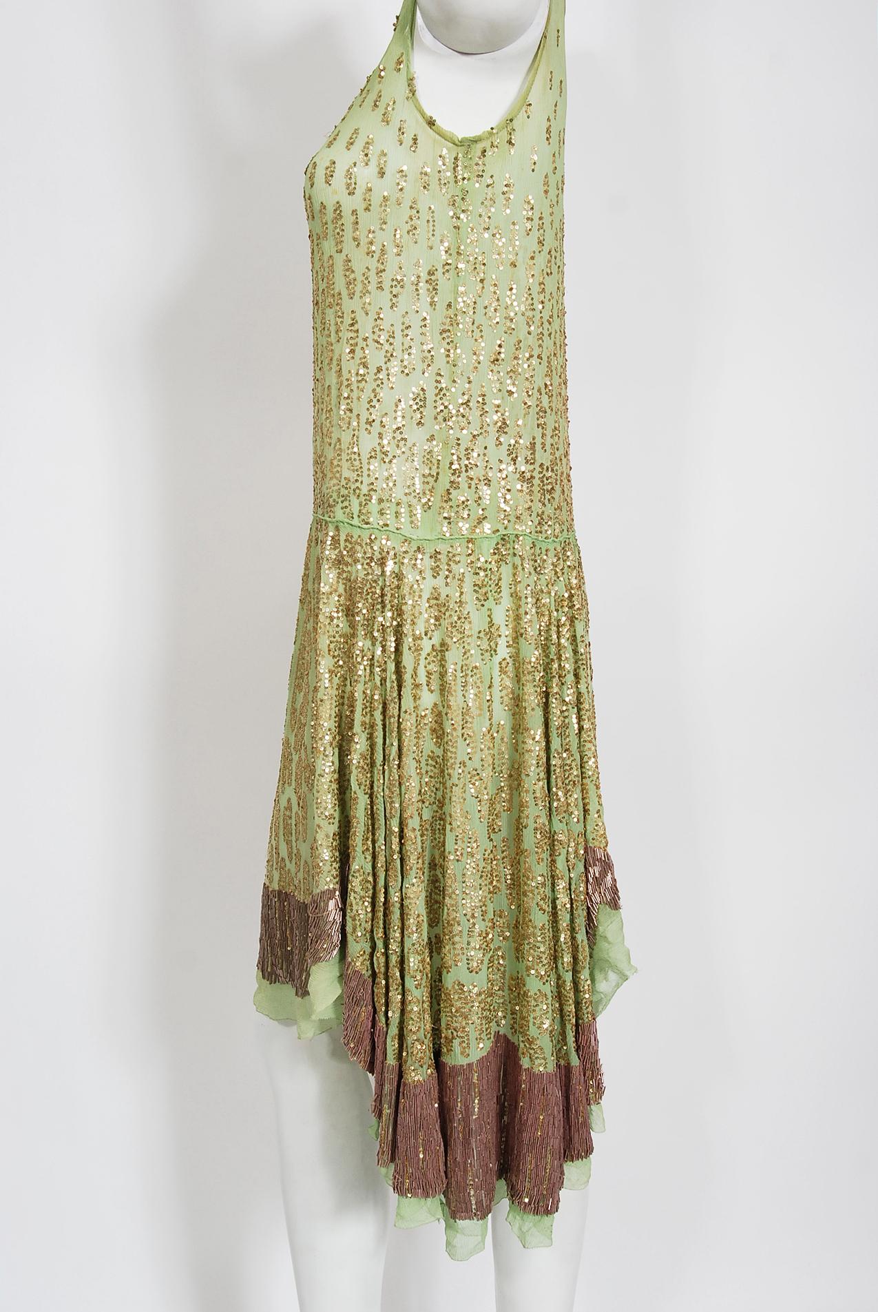 Vintage 1920's French Mint-Green Beaded Sequin Silk Chiffon Draped Flapper Dress In Good Condition For Sale In Beverly Hills, CA