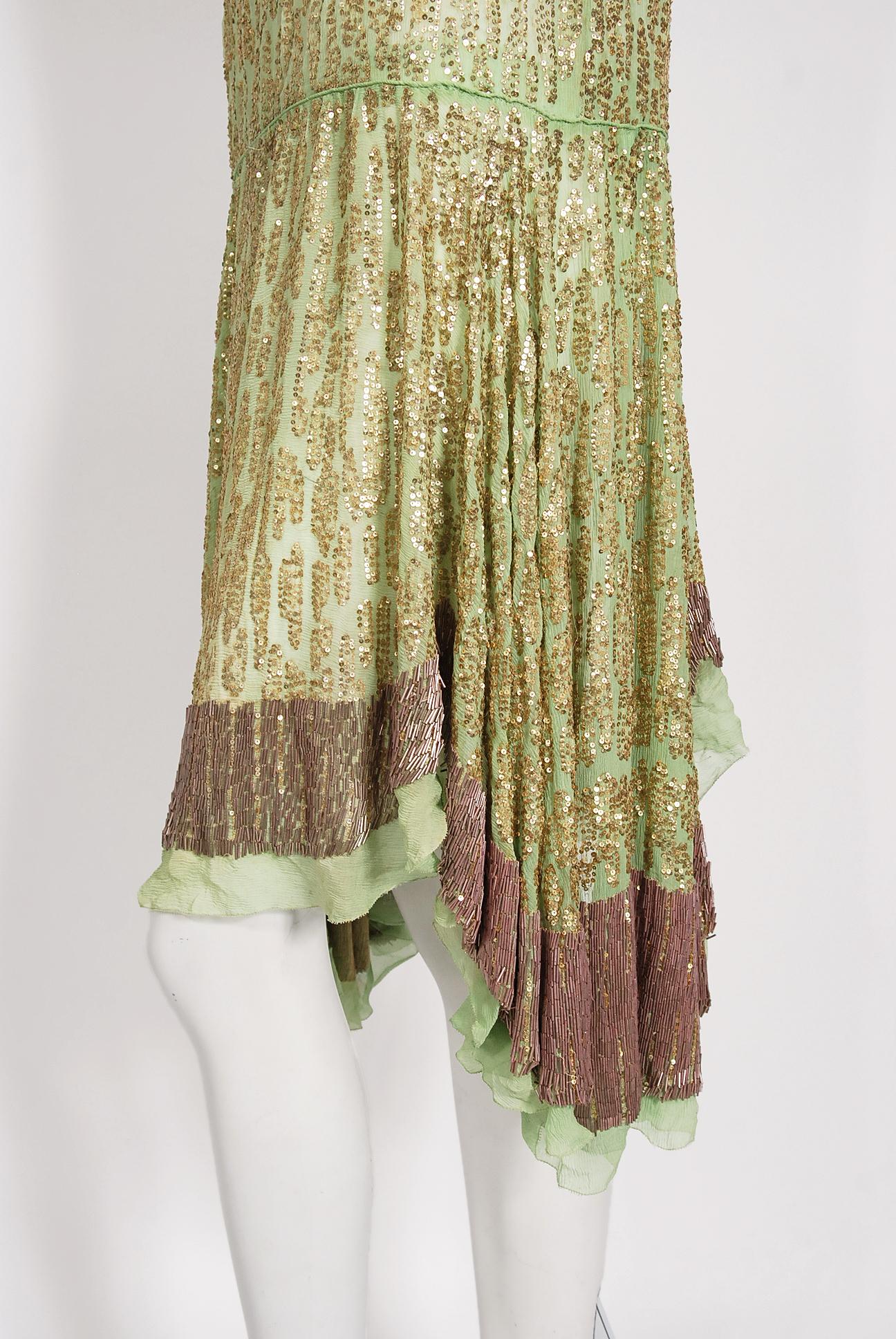 Women's Vintage 1920's French Mint-Green Beaded Sequin Silk Chiffon Draped Flapper Dress For Sale