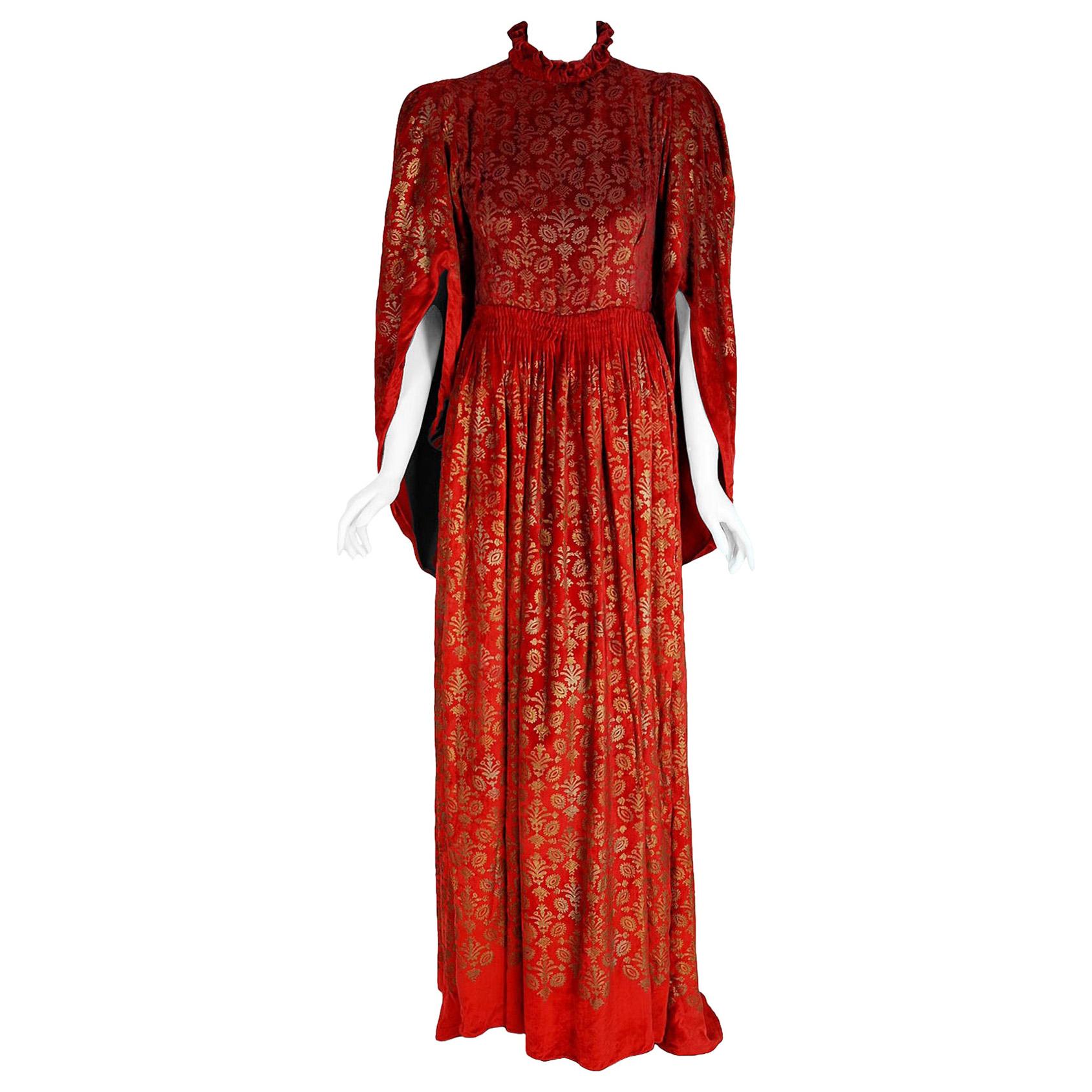 Vintage 1920's Gallenga Couture Metallic Stenciled Red Velvet Angel-Sleeve Gown For Sale