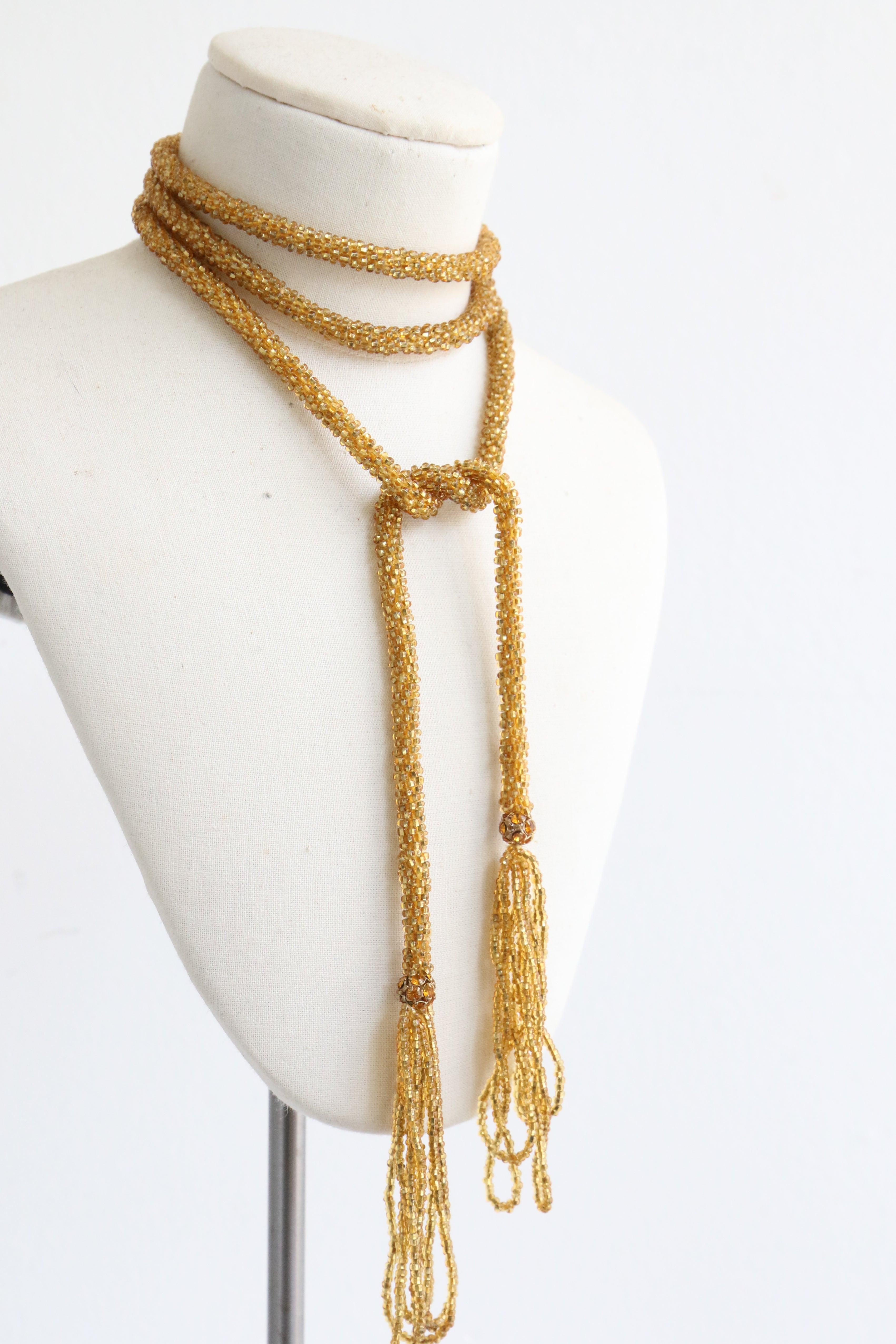 Vintage 1920's Gold Beaded and rhinestone lariat necklace original flapper jewel Bon état - En vente à Cheltenham, GB