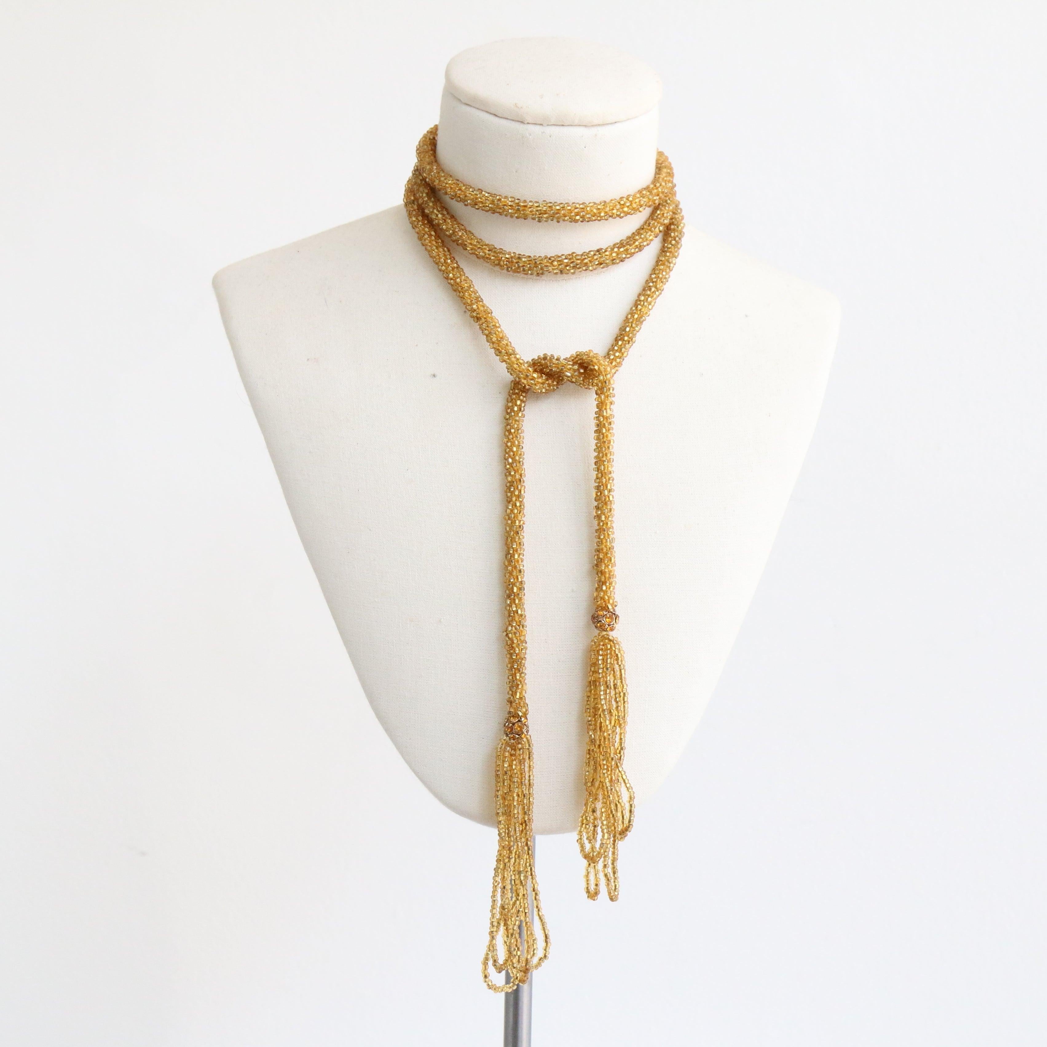 Vintage 1920's Gold Beaded and rhinestone lariat necklace original flapper jewel Unisexe en vente
