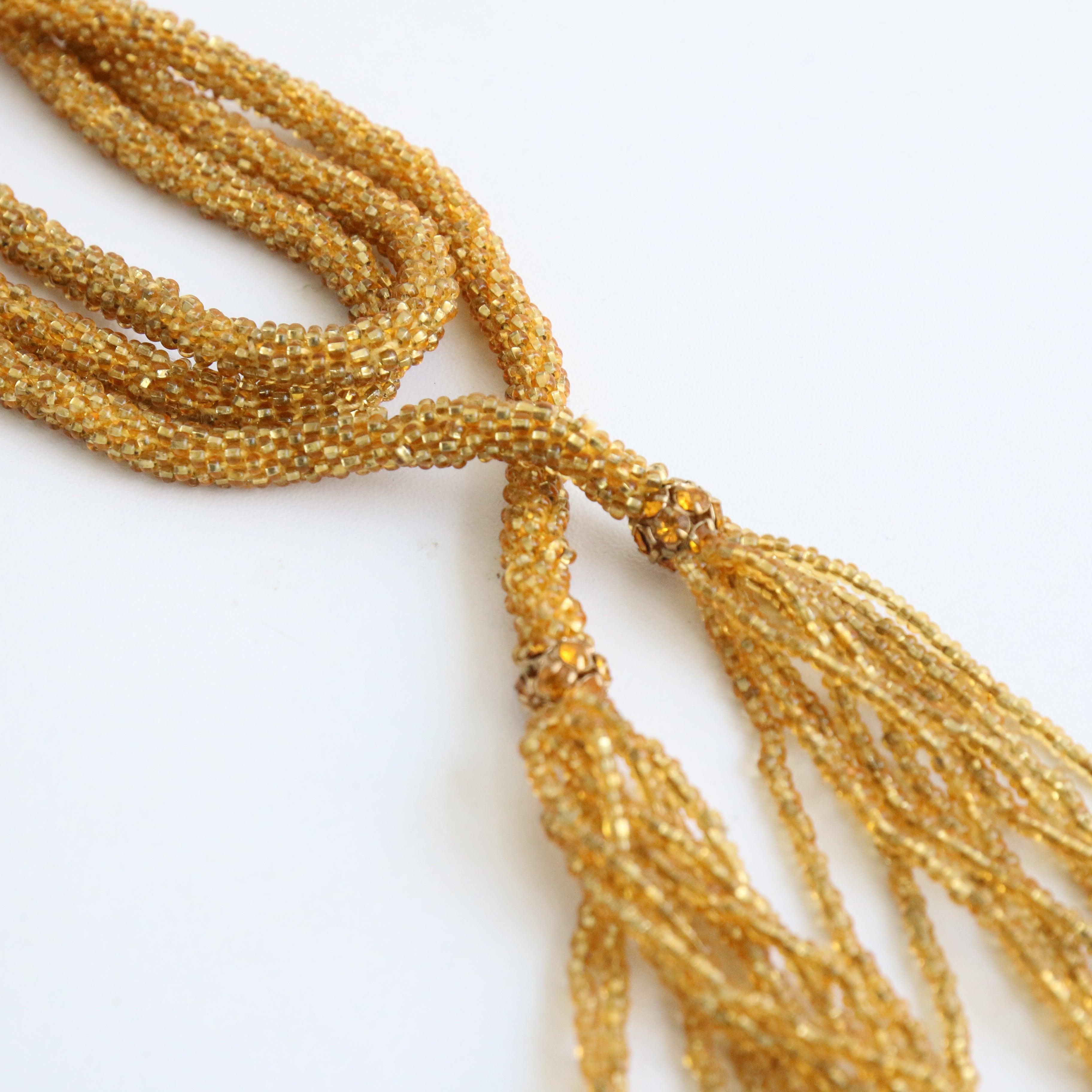 Vintage 1920's Gold Beaded and rhinestone lariat necklace original flapper jewel en vente 3