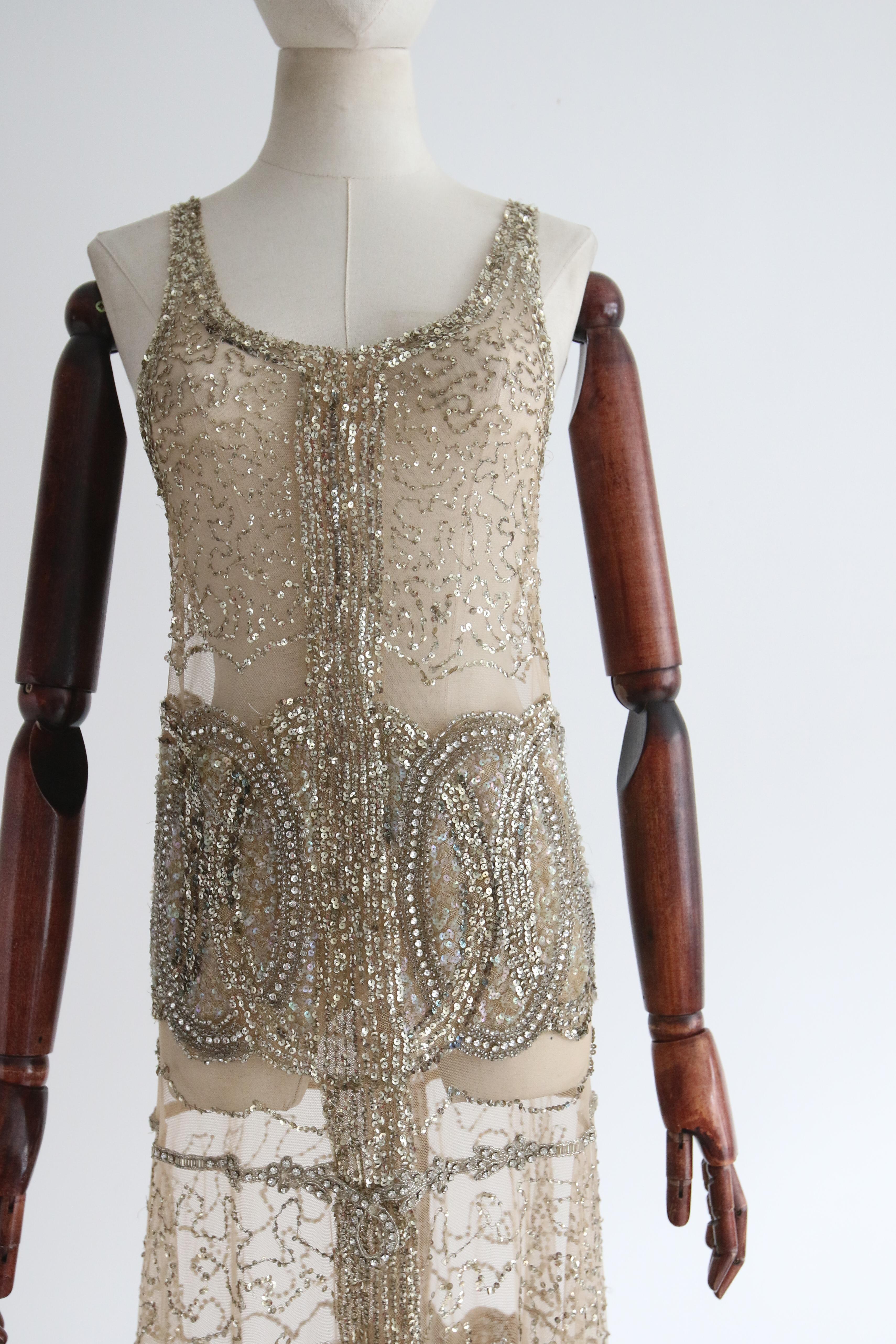 Women's or Men's Vintage 1920's Gold Beaded Sequin Dress Flapper Dress UK 6-8 US 2-4 For Sale