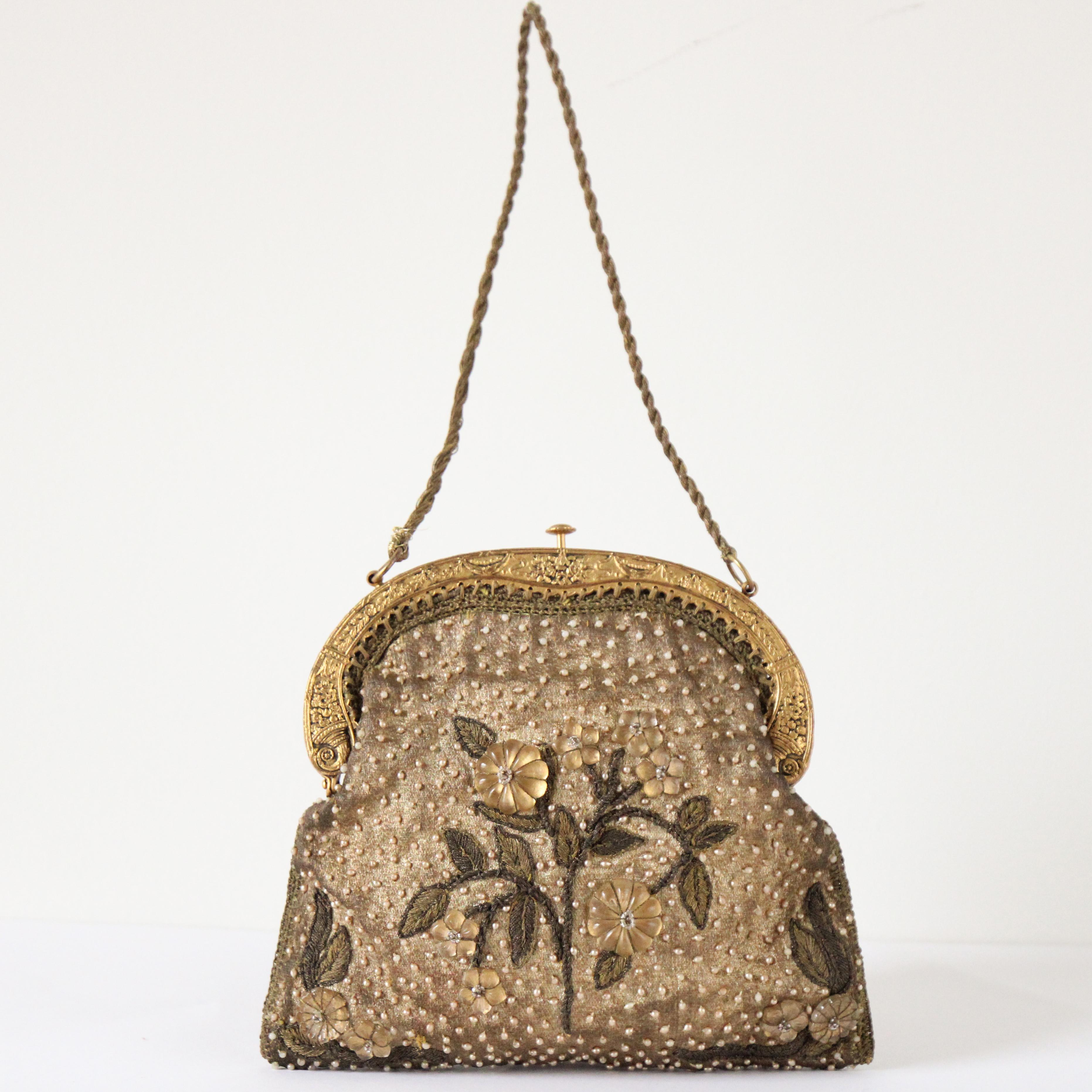 Women's or Men's Vintage 1920's gold silk lamé floral evening bag beaded handbag Art deco lamé