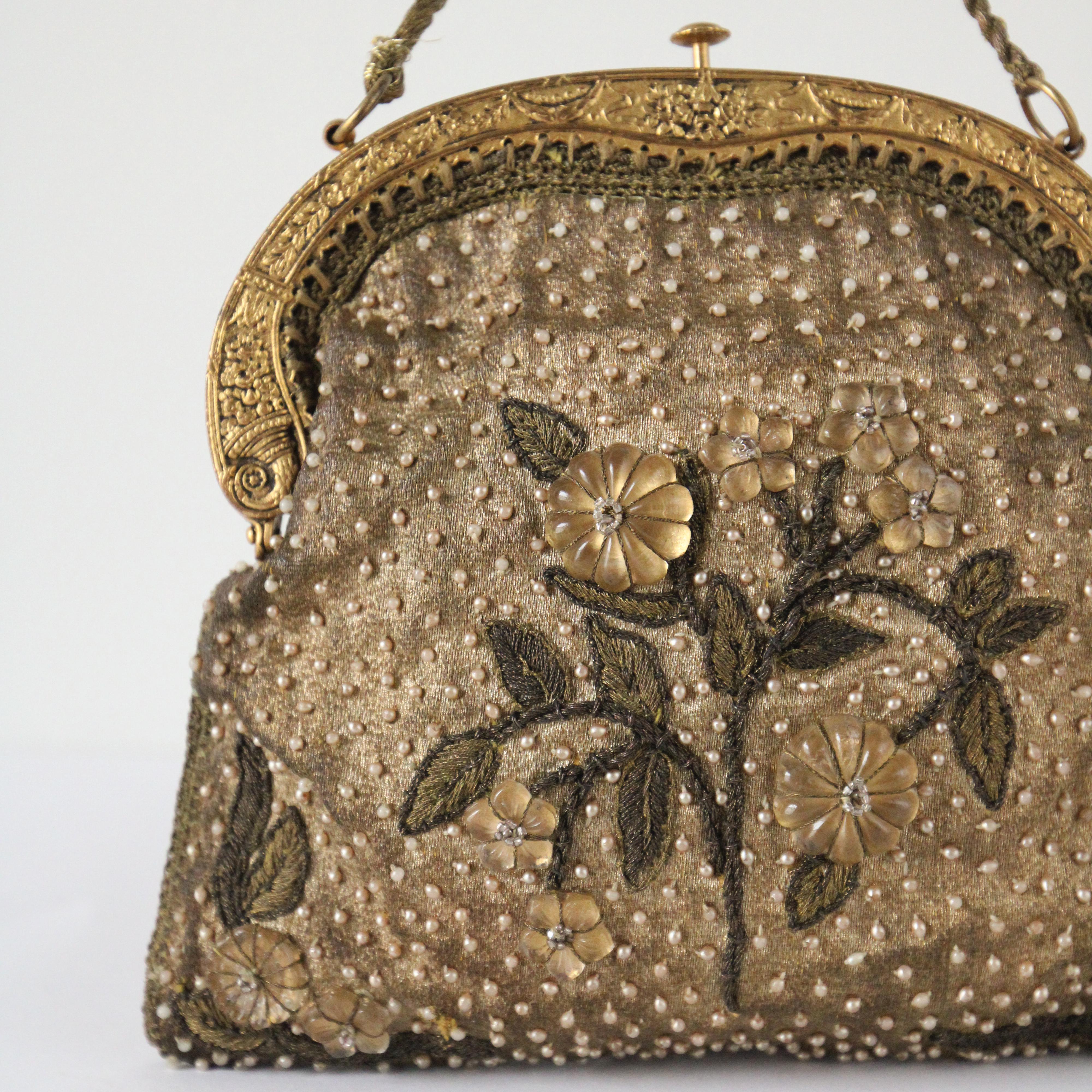 Vintage 1920's gold silk lamé floral evening bag beaded handbag Art deco lamé 1