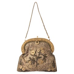 Vintage 1920's gold silk lamé floral evening bag beaded handbag Art deco lamé