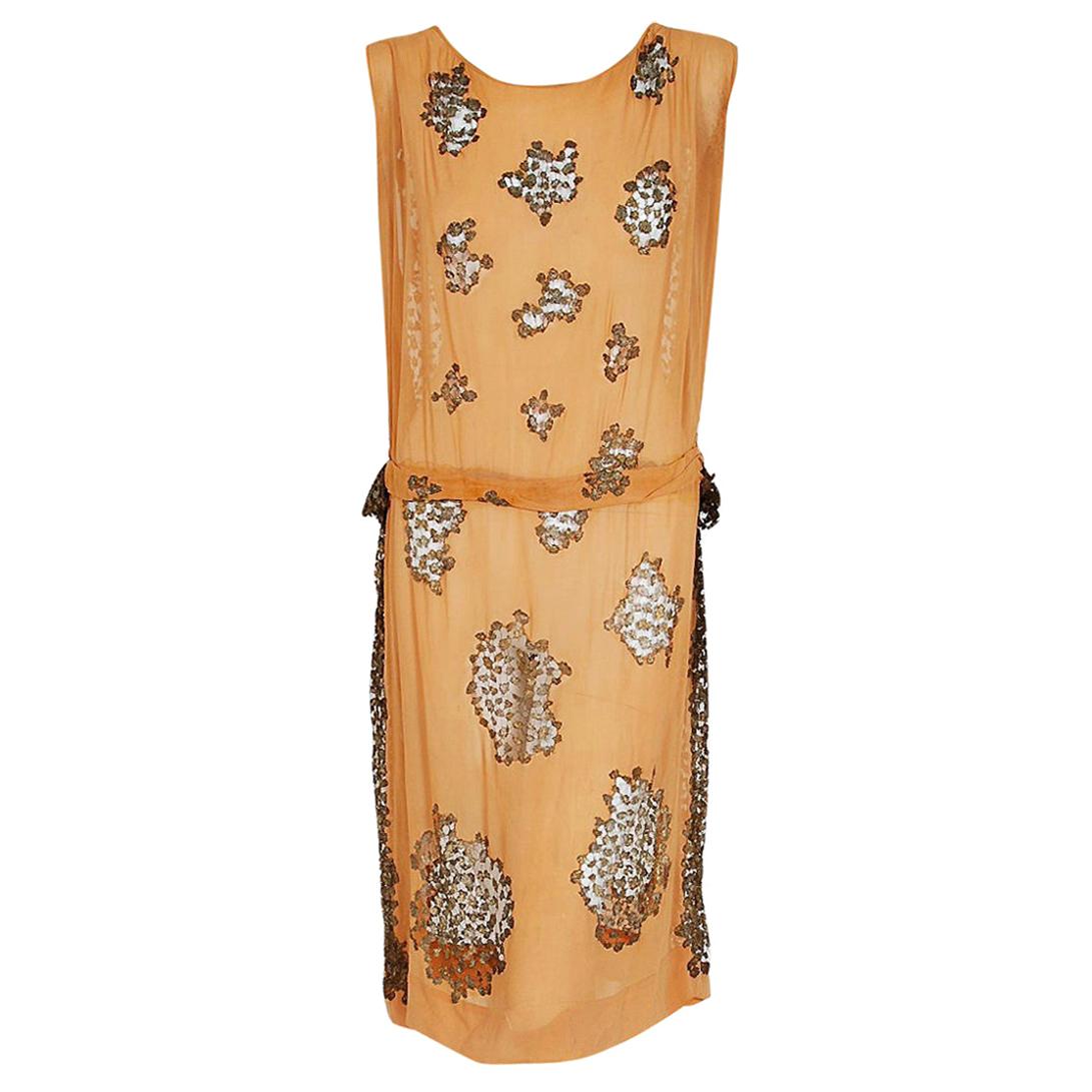 Vintage 1920's Goupy Französisch Couture Mandarine Seide & Metallic-Gold Spitze Kleid  im Angebot