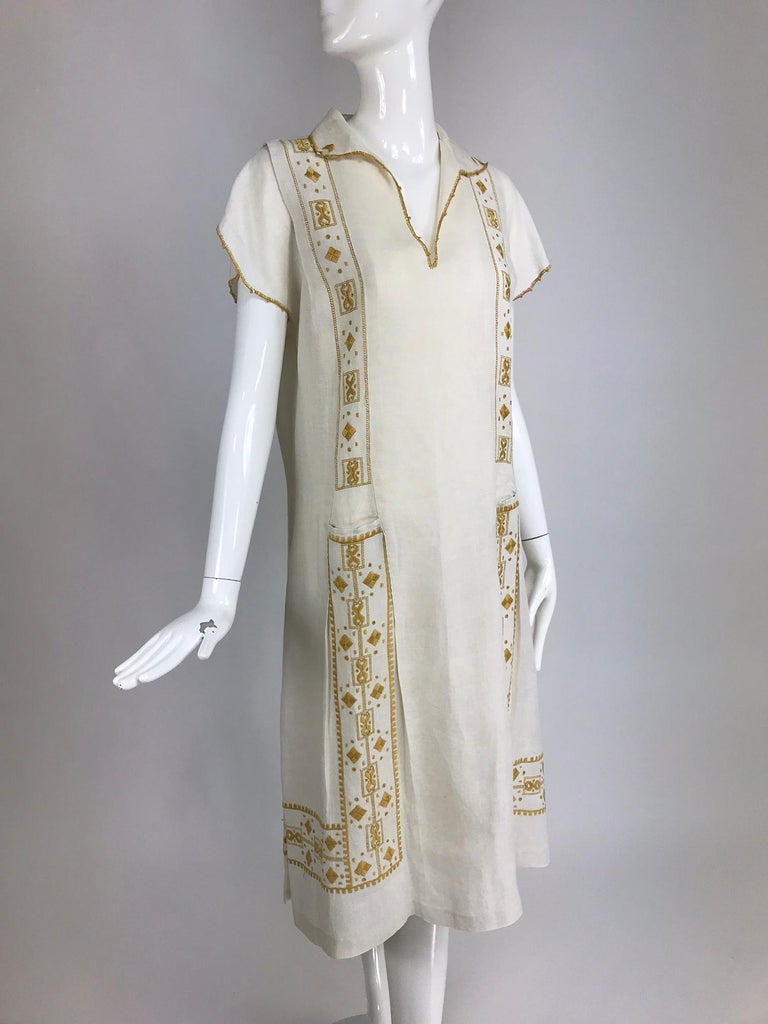 Vintage 1920s Hand Embroidered Arts And Crafts Linen Day Dress For