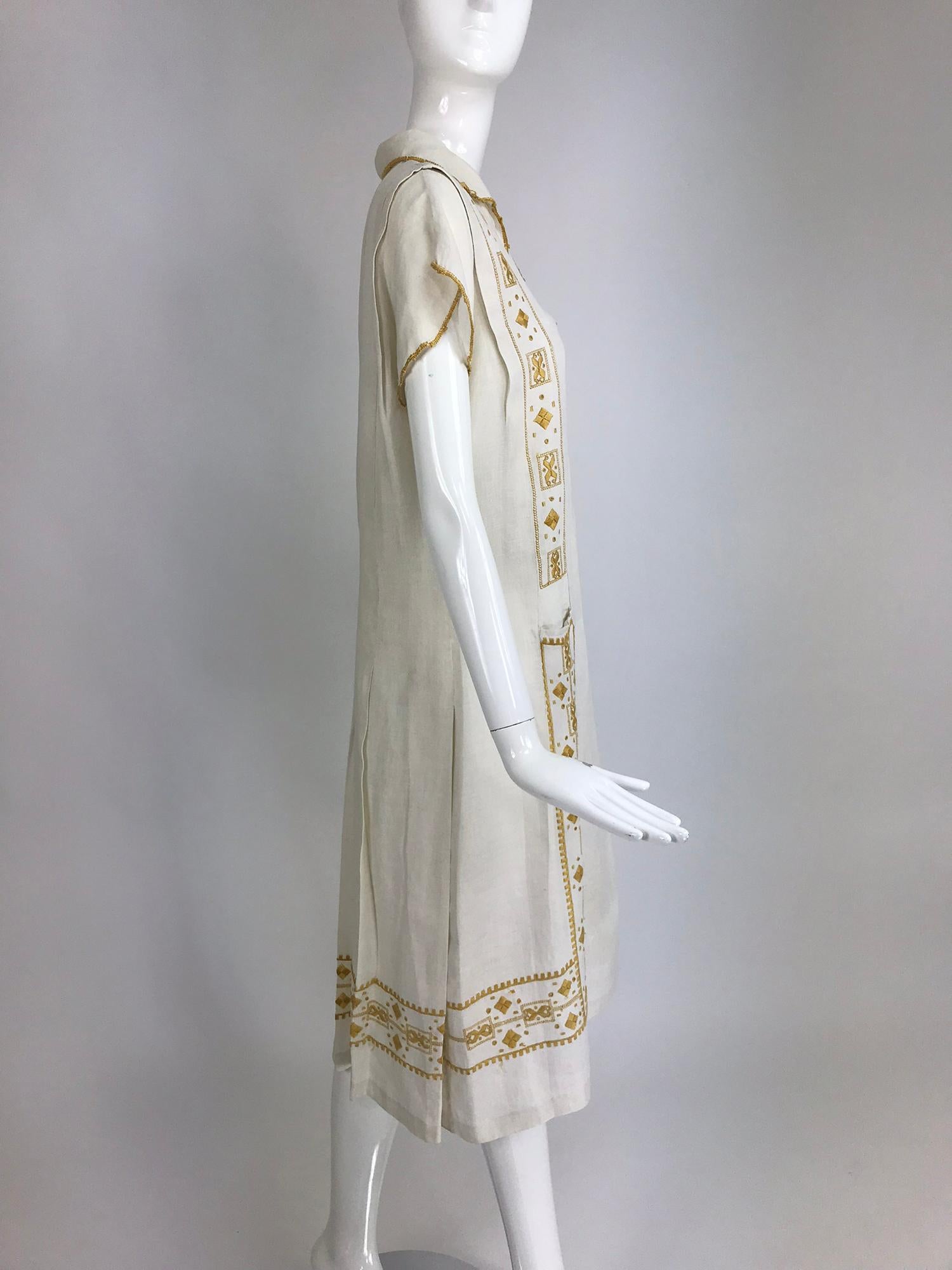 Gray Vintage 1920s Hand Embroidered Arts and Crafts Linen Day Dress