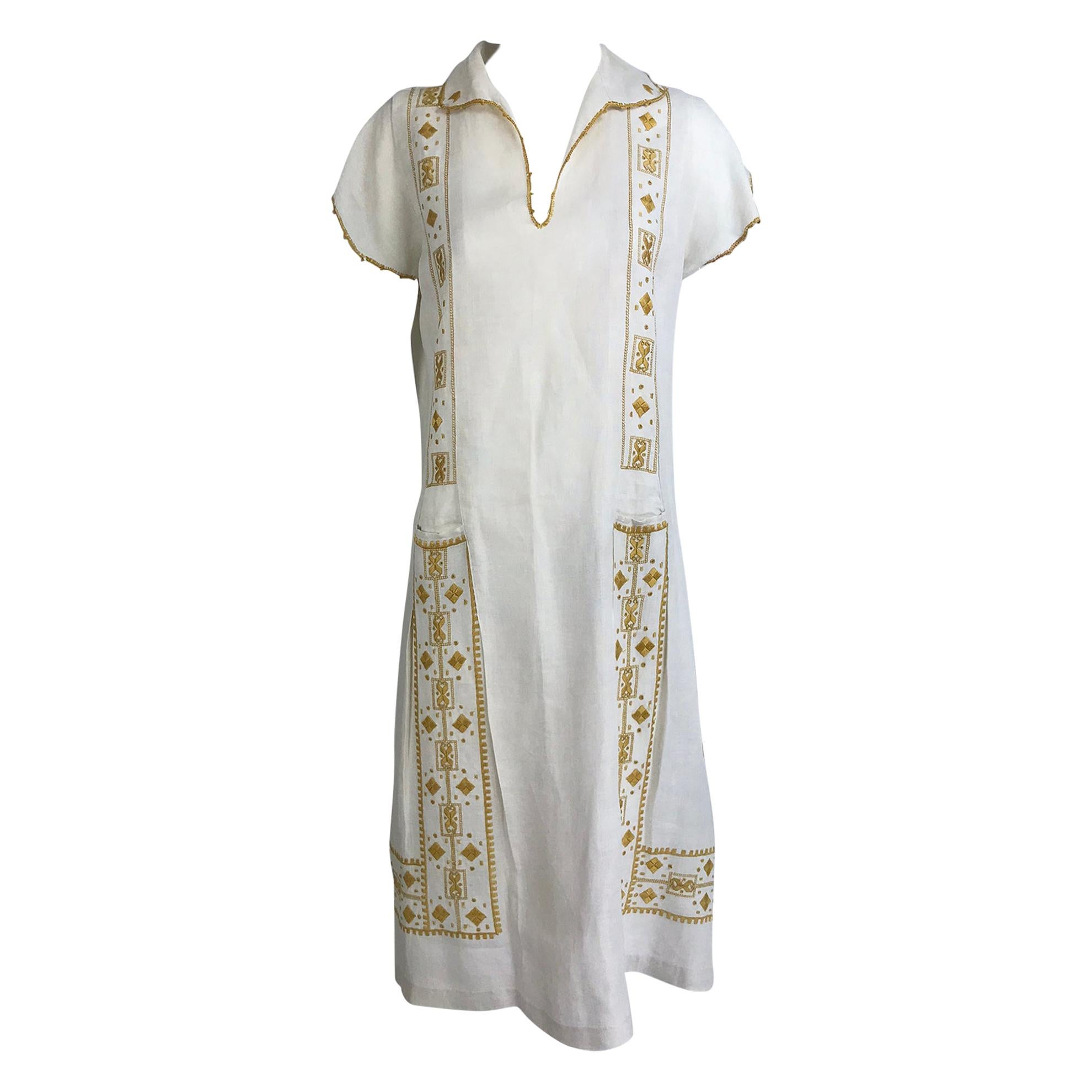 Vintage 1920s Hand Embroidered Arts and Crafts Linen Day Dress