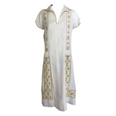 Antique 1920s Hand Embroidered Arts and Crafts Linen Day Dress