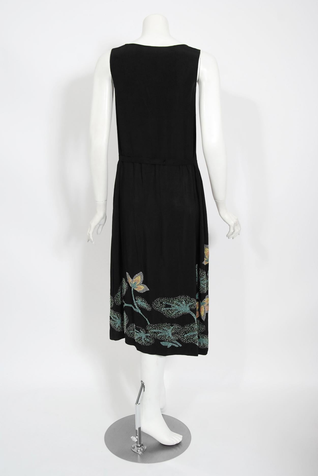 Vintage 1920's House of Adair Couture Pink-Stork Novelty Beaded Black Silk Dress 6
