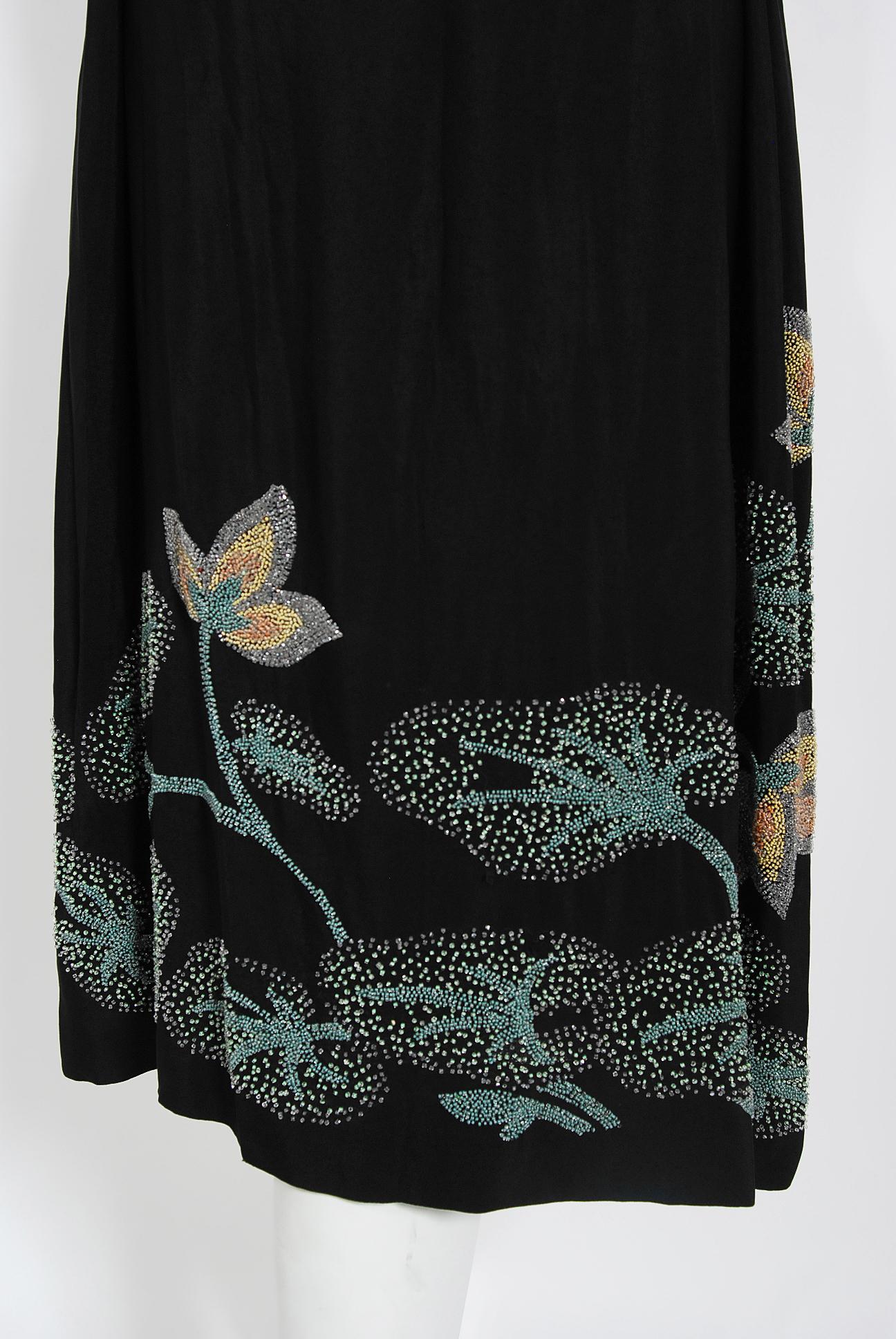 Vintage 1920's House of Adair Couture Pink-Stork Novelty Beaded Black Silk Dress 7