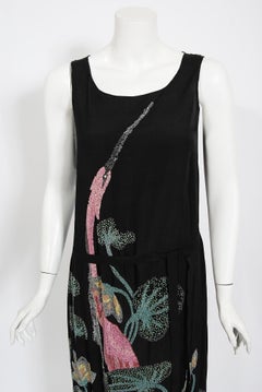 Vintage 1920's House of Adair Couture Pink-Stork Novelty Beaded Black Silk Dress