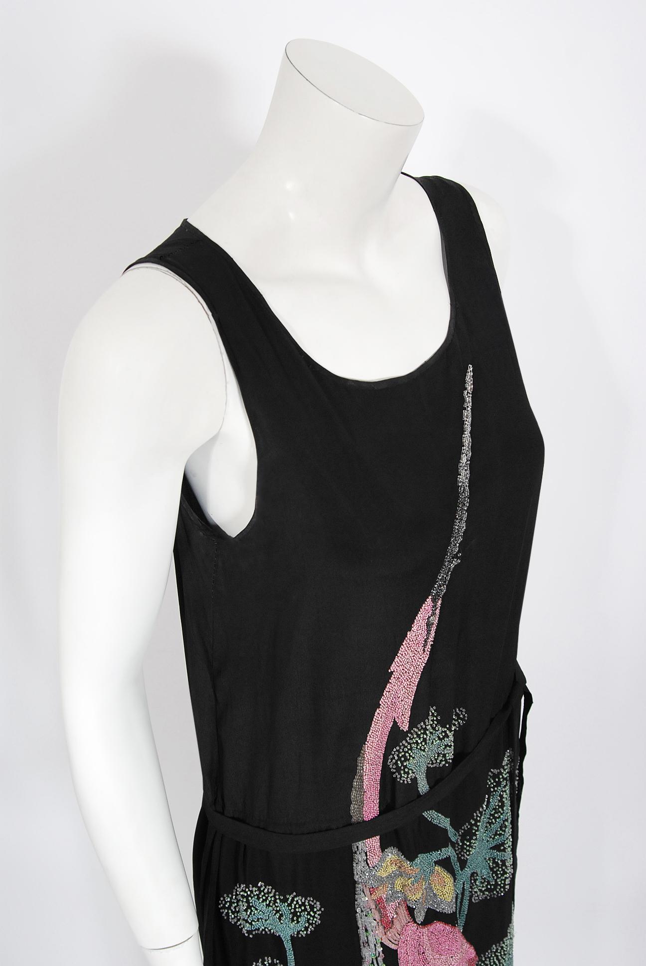 Vintage 1920's House of Adair Couture Pink-Stork Novelty Beaded Black Silk Dress In Good Condition In Beverly Hills, CA