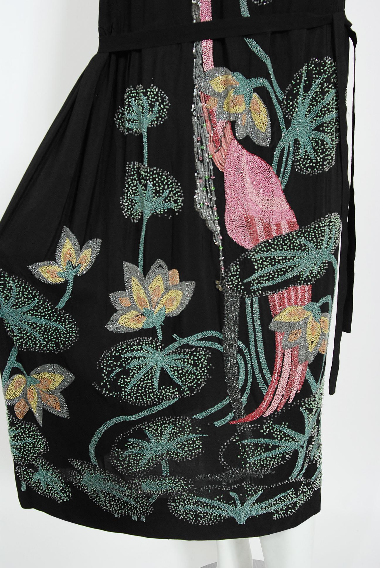 Vintage 1920's House of Adair Couture Pink-Stork Novelty Beaded Black Silk Dress 1