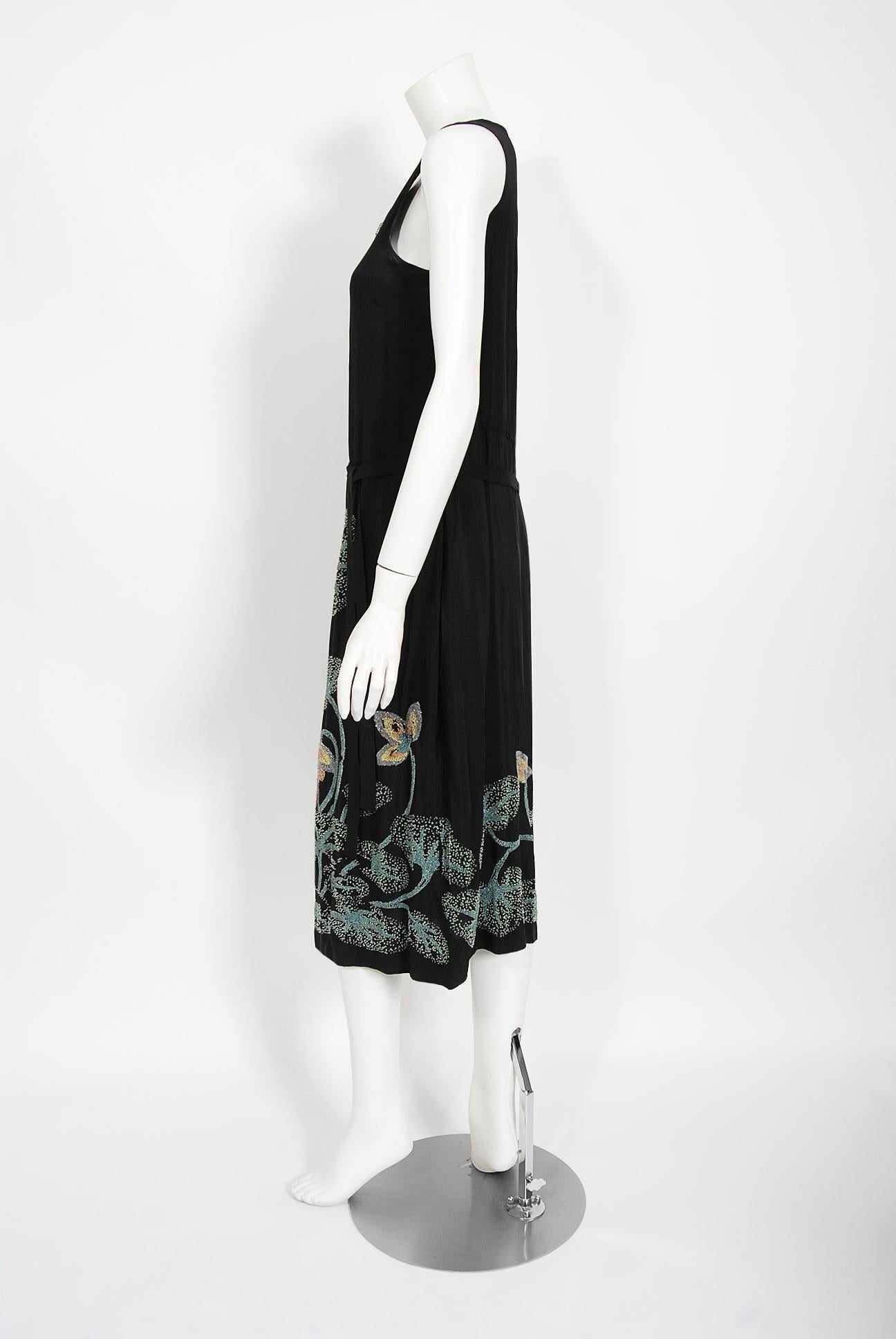 Vintage 1920's House of Adair Couture Pink-Stork Novelty Beaded Black Silk Dress 5