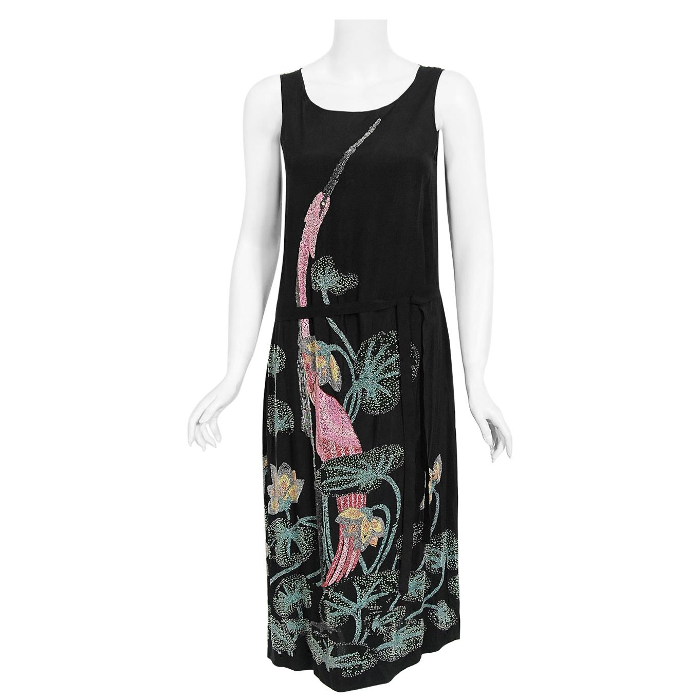 Vintage 1920's House of Adair Couture Pink-Stork Novelty Beaded Black Silk Dress