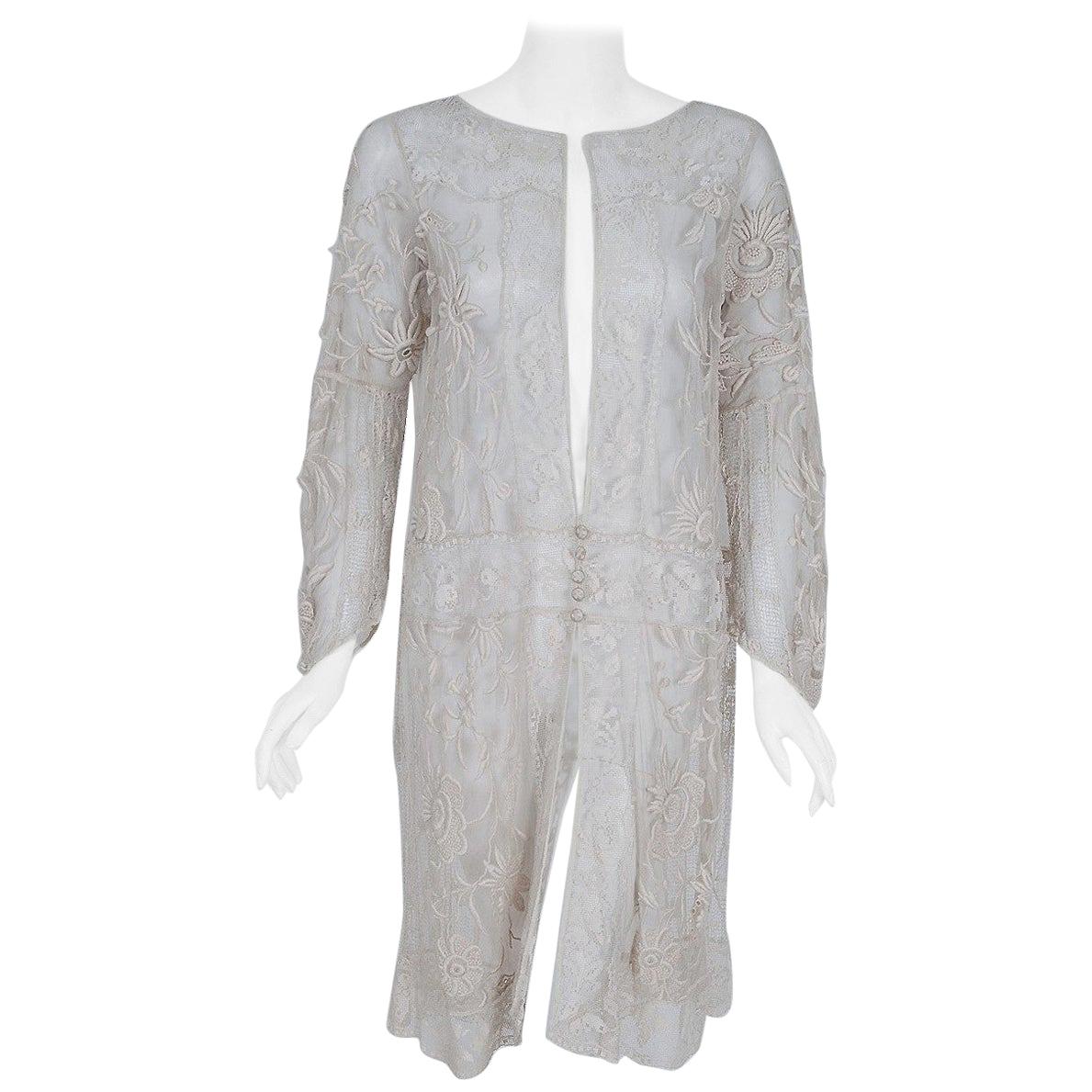 Vintage 1920's Ivory Embroidered Net & Filet-Lace Angel Sleeve Bridal Jacket