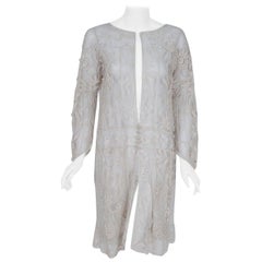 Antique 1920's Ivory Embroidered Net & Filet-Lace Angel Sleeve Bridal Jacket