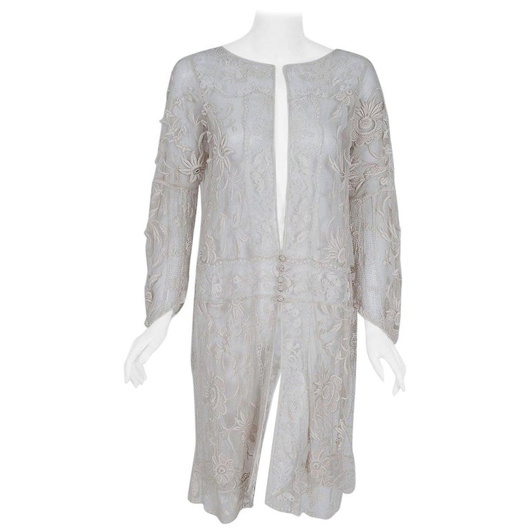 Vintage 1920's Ivory Embroidered Net and Filet-Lace Angel Sleeve Bridal ...