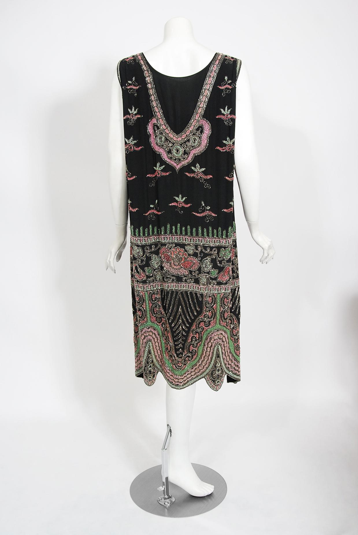 Vintage 1920's Jean Patou Haute Couture Attributed Beaded Floral Silk Deco Dress 2
