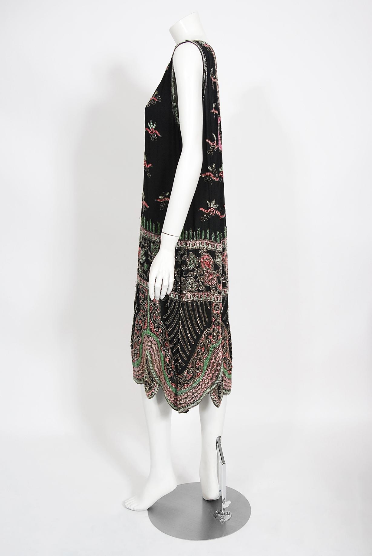 Black Vintage 1920's Jean Patou Haute Couture Attributed Beaded Floral Silk Deco Dress