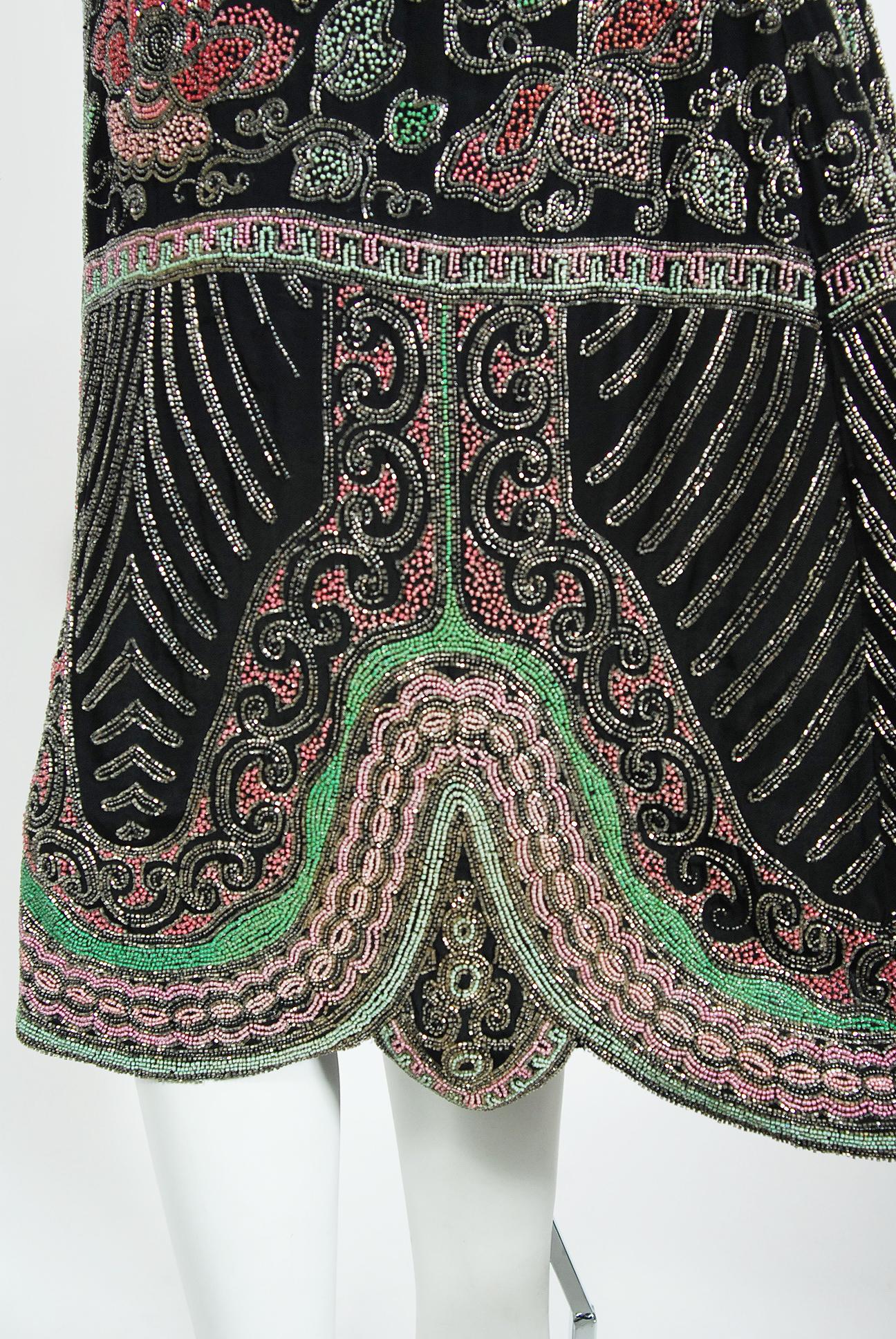 Women's Vintage 1920's Jean Patou Haute Couture Attributed Beaded Floral Silk Deco Dress
