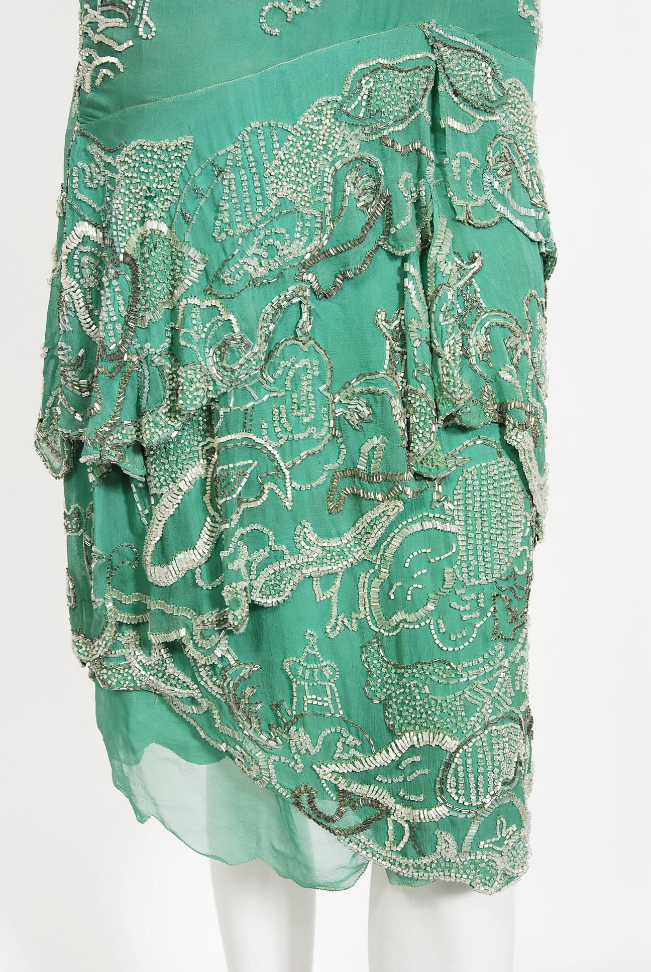 Vintage 1920's Jean Patou Haute Couture Attributed Seafoam Beaded Chiffon Dress  2