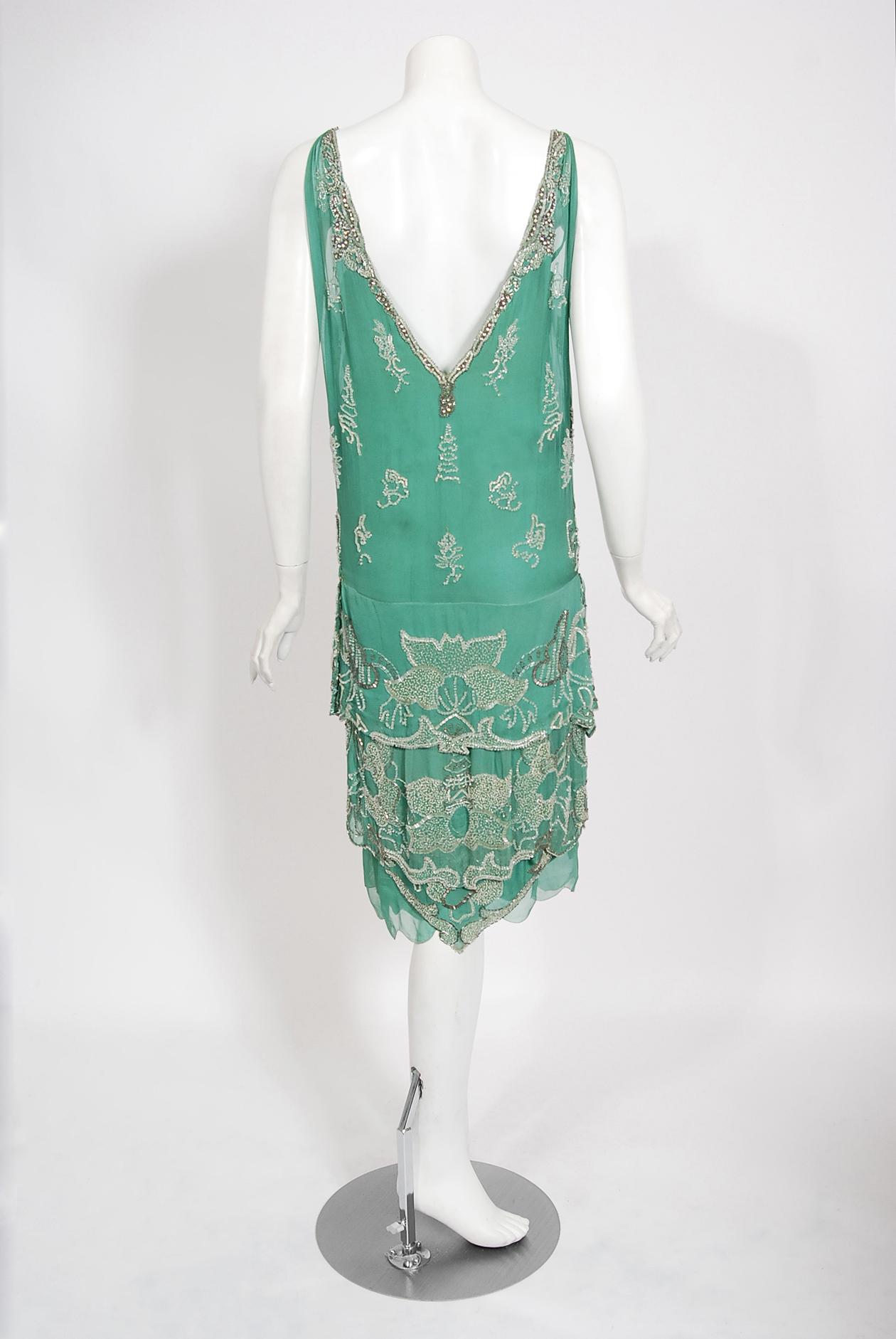 Vintage 1920's Jean Patou Haute Couture Attributed Seafoam Beaded Chiffon Dress  5