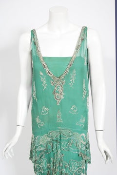 Vintage 1920's Jean Patou Haute Couture Attributed Seafoam Beaded Chiffon Dress