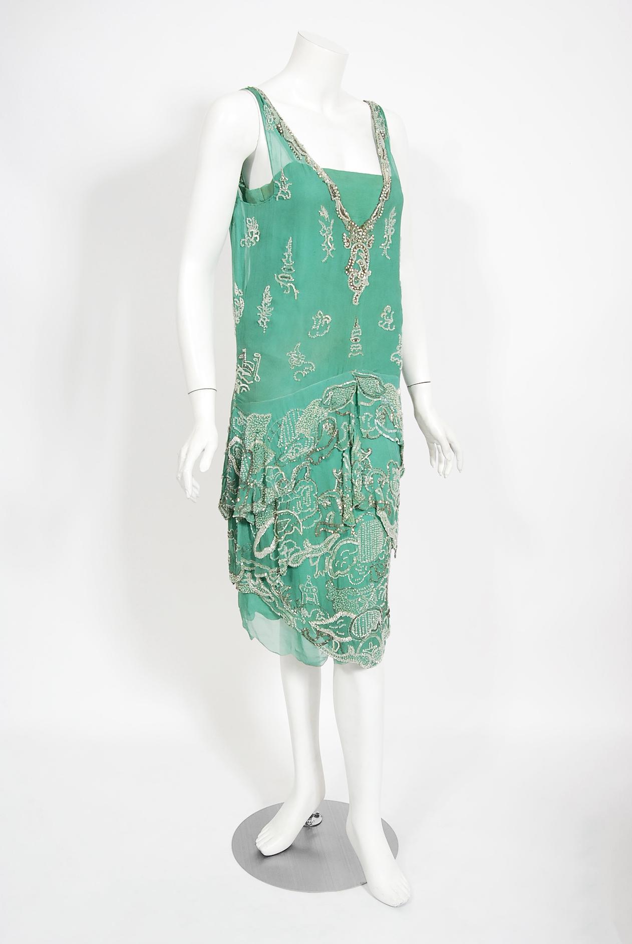 Blue Vintage 1920's Jean Patou Haute Couture Attributed Seafoam Beaded Chiffon Dress 