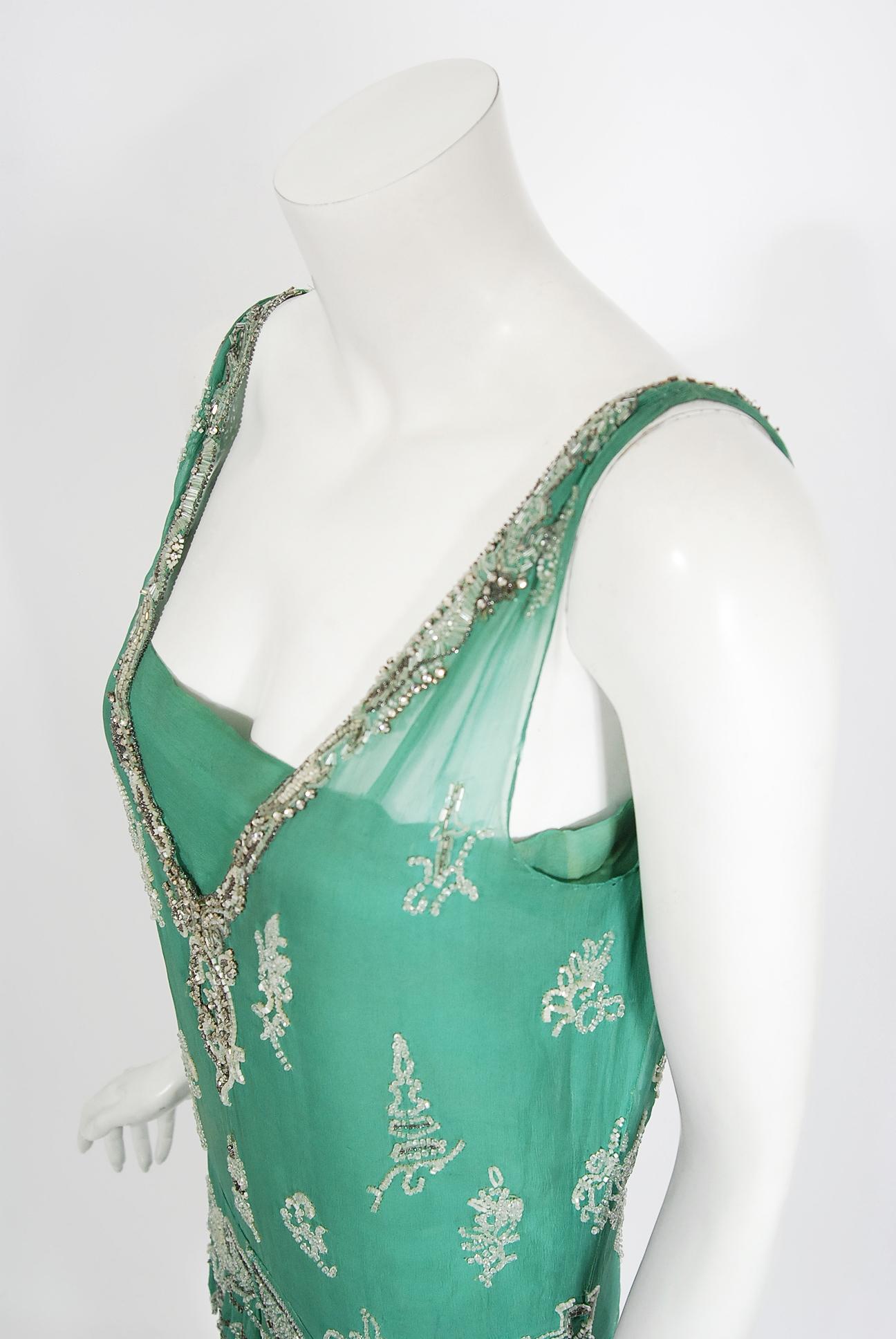 Vintage 1920's Jean Patou Haute Couture Attributed Seafoam Beaded Chiffon Dress  In Good Condition In Beverly Hills, CA