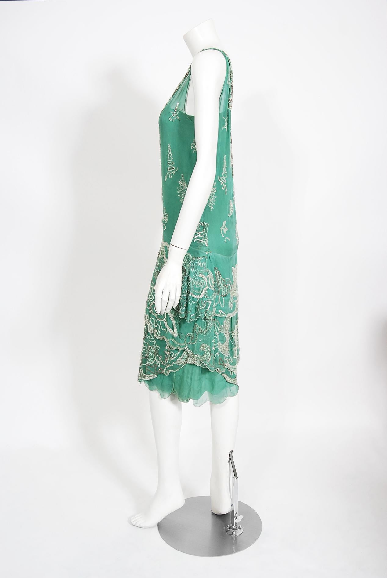 Women's Vintage 1920's Jean Patou Haute Couture Attributed Seafoam Beaded Chiffon Dress 