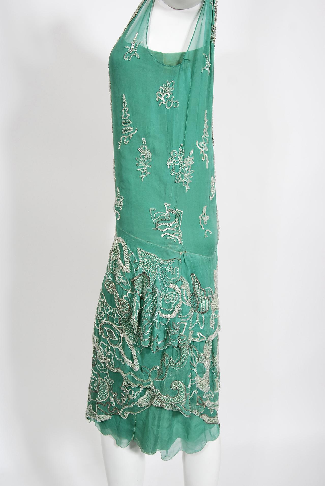 Vintage 1920's Jean Patou Haute Couture Attributed Seafoam Beaded Chiffon Dress  1