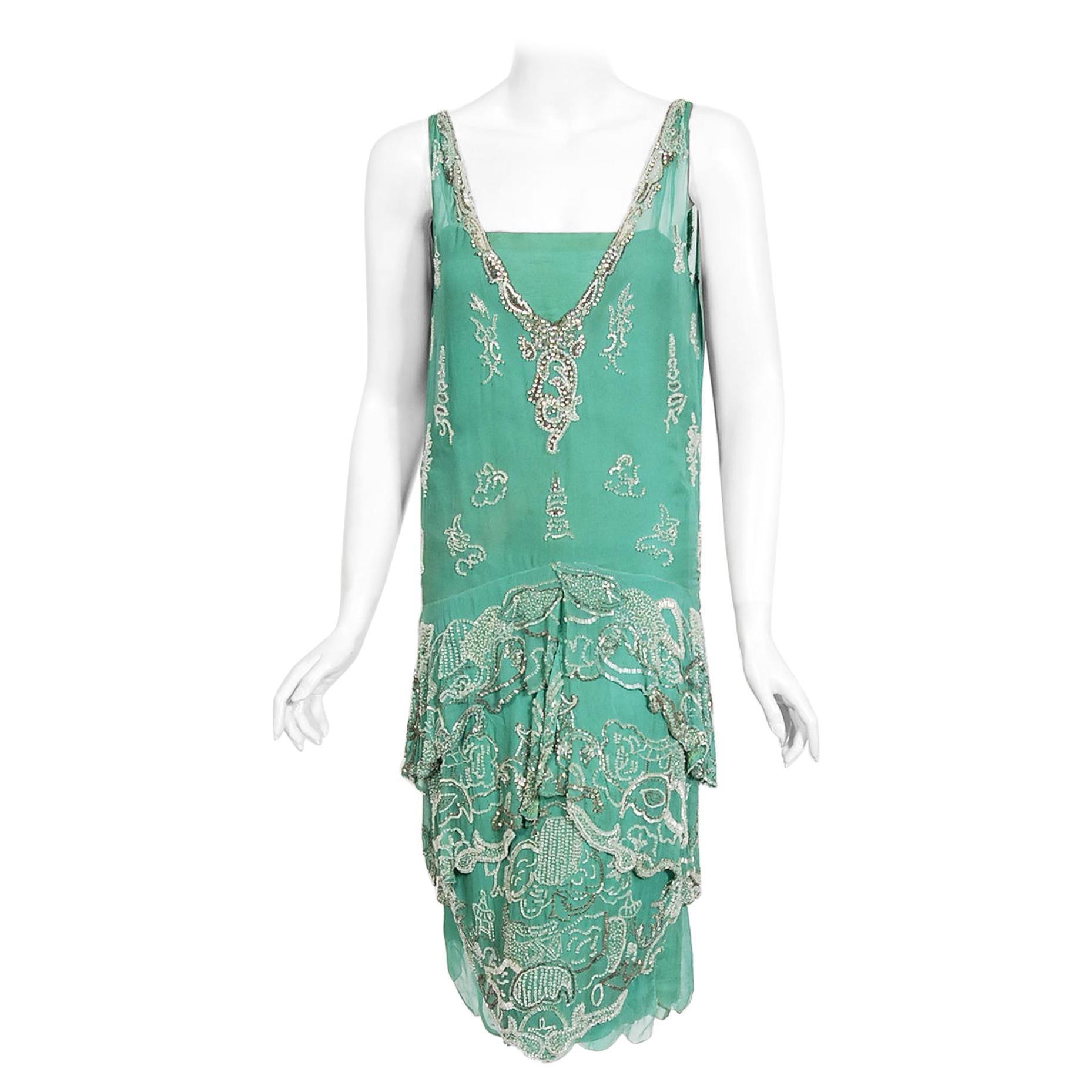 Vintage 1920
s Jean Patou Haute Couture Attributed Seafoam Beaded Chiffon Dress