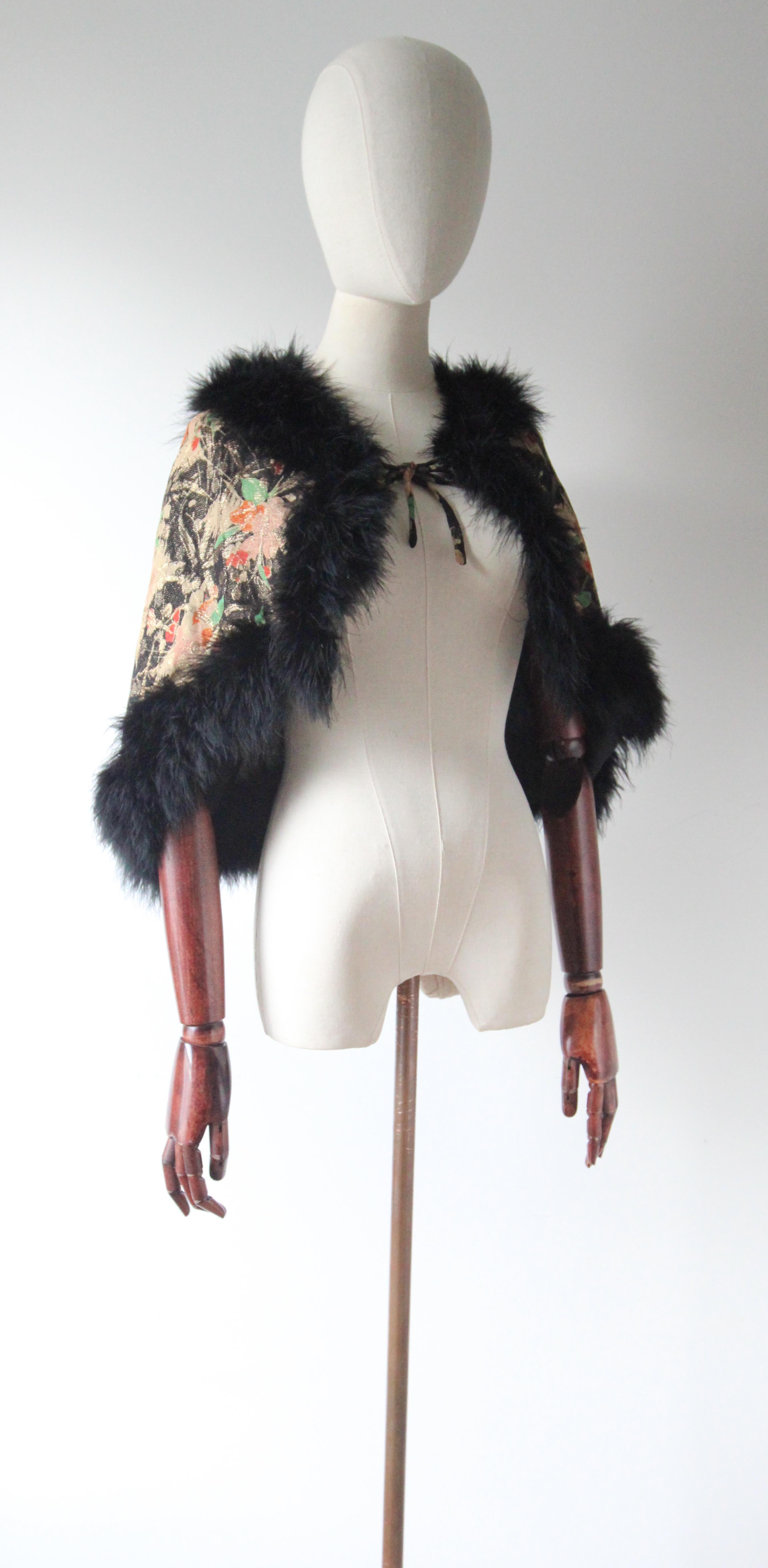 Gray Vintage 1920's Lamé Floral Cape Marabou Trim Lamé Shoulder cape roaring 20s