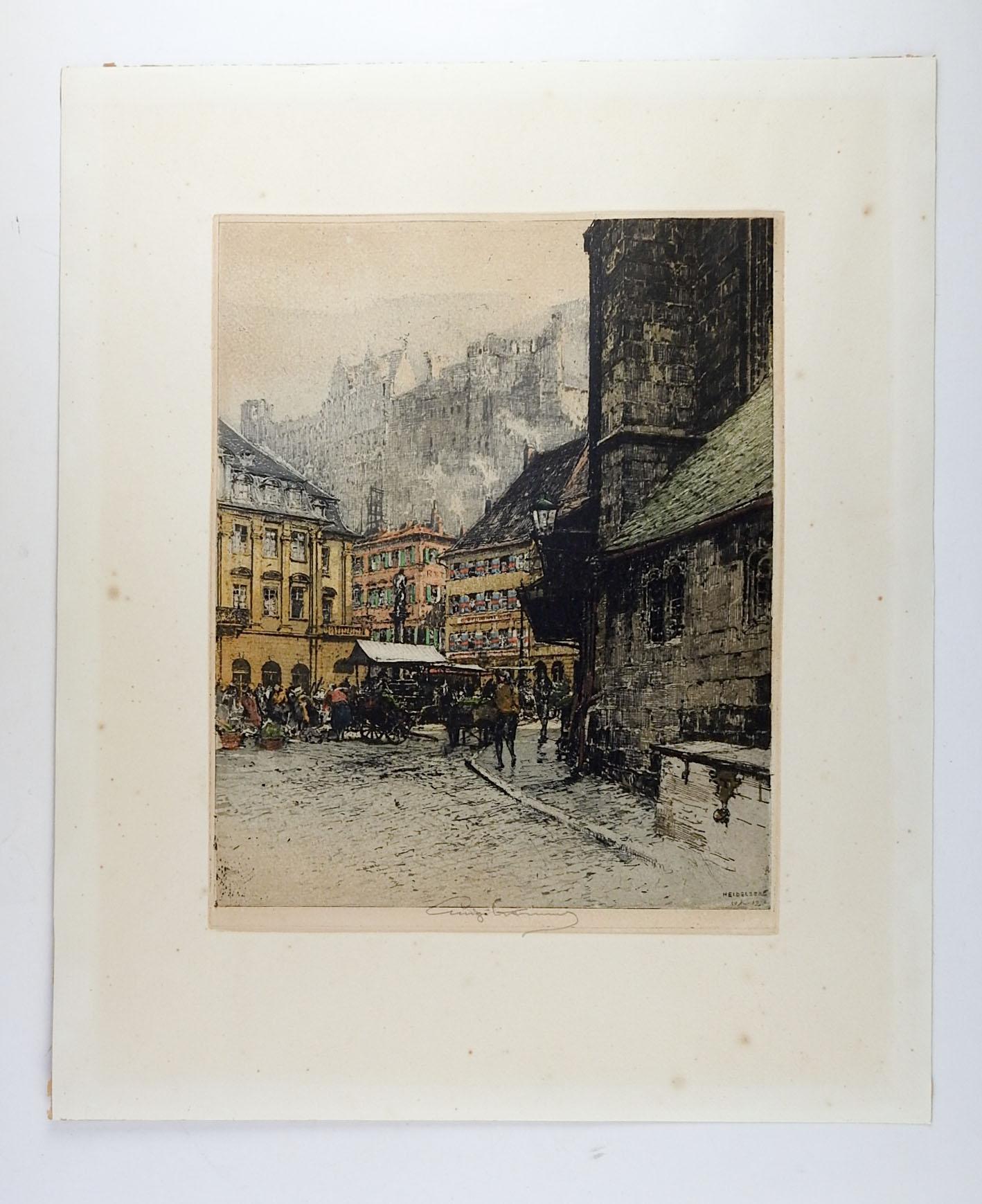 Circa 1920's etching on paper of Heidelberg Germany by Luigi Kasimir (1881–1962) Austria. Signed in pencil lower margin. Unframed, age toning, foxing in margins.
