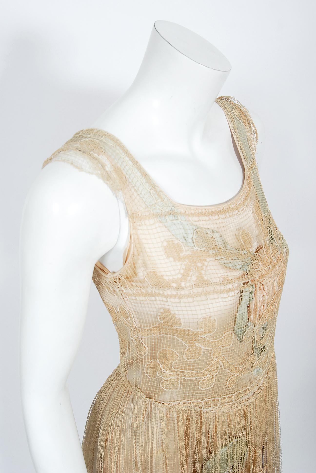Vintage 1920's Martha Weathered Couture Pastel Silk Rosettes Filet Lace Dress For Sale 4